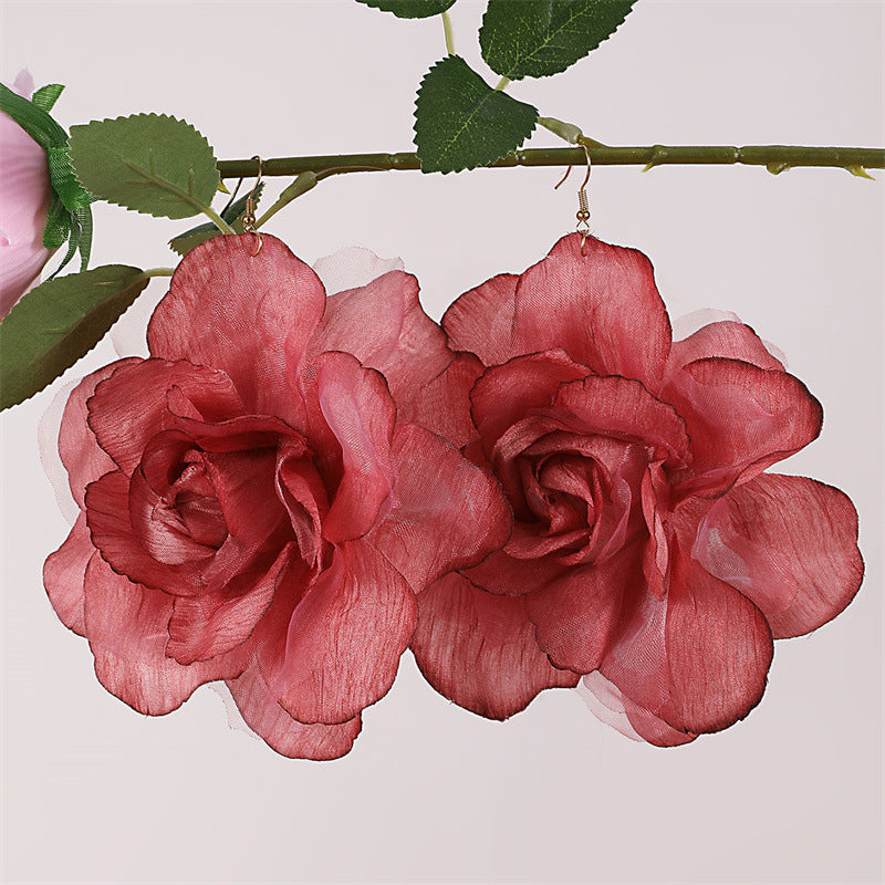 Wholesale EZ5486 Cross-border European and American Imitation Rose Silk Flower Gradient Three-dimensional Mesh Flower Pendant Women's Earrings Valentine's Day Jewelry